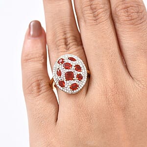 D'Joy Mexican Cherry Fire Opal and Moissanite 1.85 ctw Cluster Art Deco Ring in 18K Vermeil Yellow Gold Over Sterling Silver (Size 8.0)