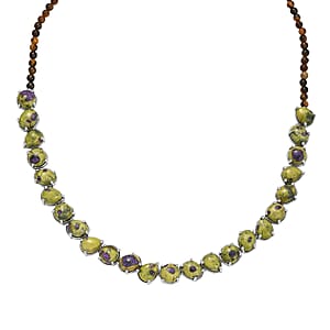 EverTrue Tasmanian Stichtite, Tigers Eye 73.40 ctw Multi Shapes Mystic Earth Link Necklace in Platinum Bond (18-20 Inches)