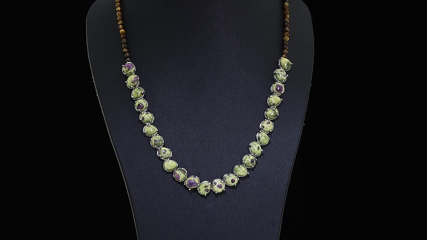 EverTrue Tasmanian Stichtite, Tigers Eye 73.40 ctw Multi Shapes Mystic Earth Link Necklace in Platinum Bond (18-20 Inches)