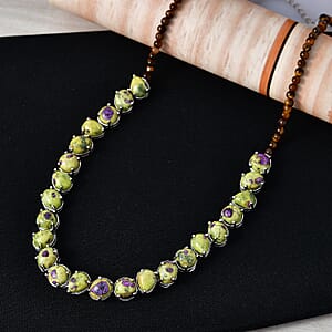 EverTrue Tasmanian Stichtite, Tigers Eye 73.40 ctw Multi Shapes Mystic Earth Link Necklace in Platinum Bond (18-20 Inches)