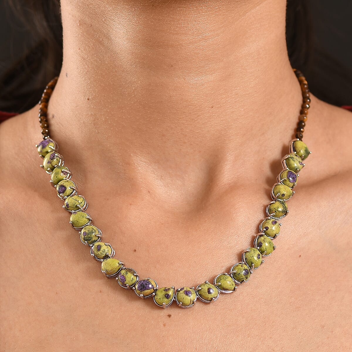 EverTrue Tasmanian Stichtite, Tigers Eye 73.40 ctw Multi Shapes Mystic Earth Link Necklace in Platinum Bond (18-20 Inches) image number 2