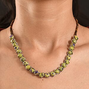 EverTrue Tasmanian Stichtite, Tigers Eye 73.40 ctw Multi Shapes Mystic Earth Link Necklace in Platinum Bond (18-20 Inches)