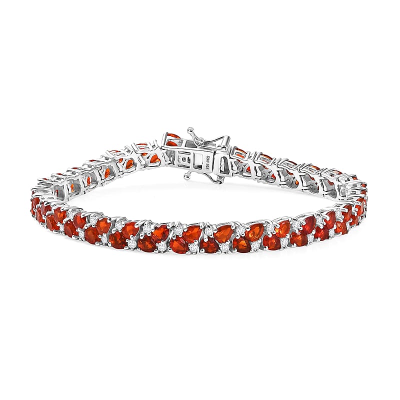 D'Joy Mexican Cherry Fire Opal and Moissanite 7.60 ctw Vine of Fiery Bloom Bracelet in Rhodium Over Sterling Silver (7.25 In)