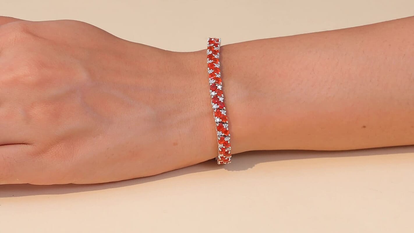 D'Joy Mexican Cherry Fire Opal, Moissanite Bracelet in Rhodium Over Sterling Silver (8.00 In) 8.65 ctw