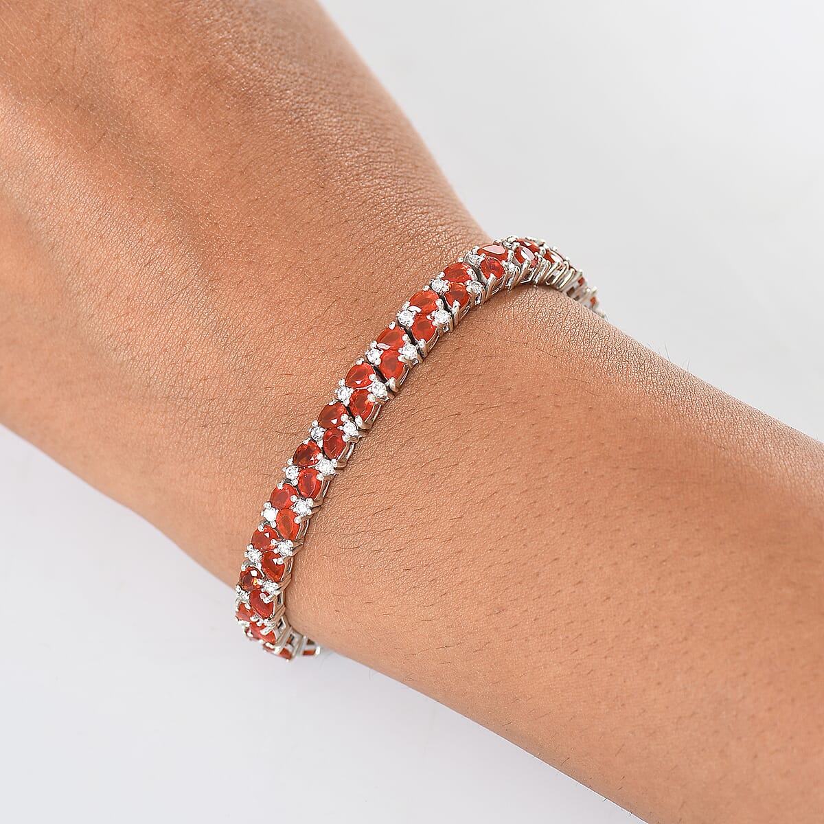 D'Joy Mexican Cherry Fire Opal and Moissanite 6.90 ctw Vine of Fiery Bloom Bracelet in Rhodium Over Sterling Silver (6.50 In) image number 2