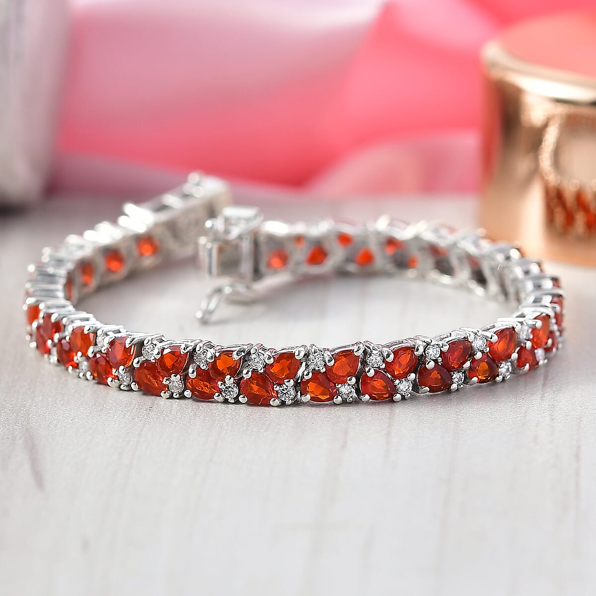 D'Joy Mexican Cherry Fire Opal and Moissanite 8.65 ctw Vine of Fiery Bloom Bracelet in Rhodium Over Sterling Silver (8.00 In) image number 1