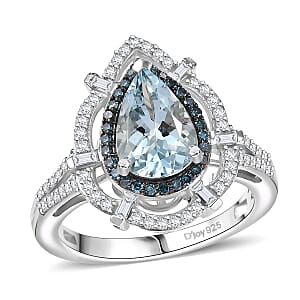 D'Joy Premium Mangoro Aquamarine and Blue and White Diamond 2.00 ctw Ring in Rhodium Over Sterling Silver (Size 10.0)