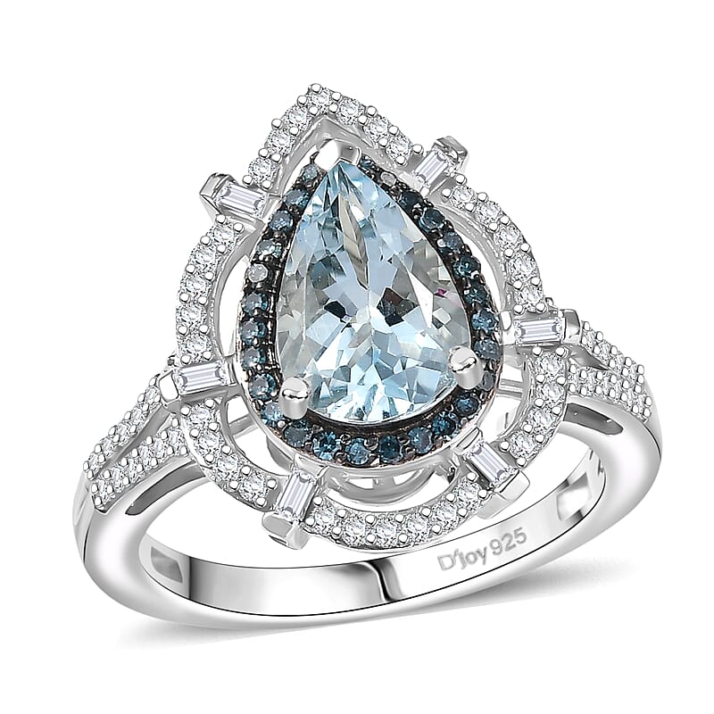 D'Joy Premium Mangoro Aquamarine and Blue and White Diamond 2.00 ctw Radial Architecture Ring in Rhodium Over Sterling Silver (Size 10.0)