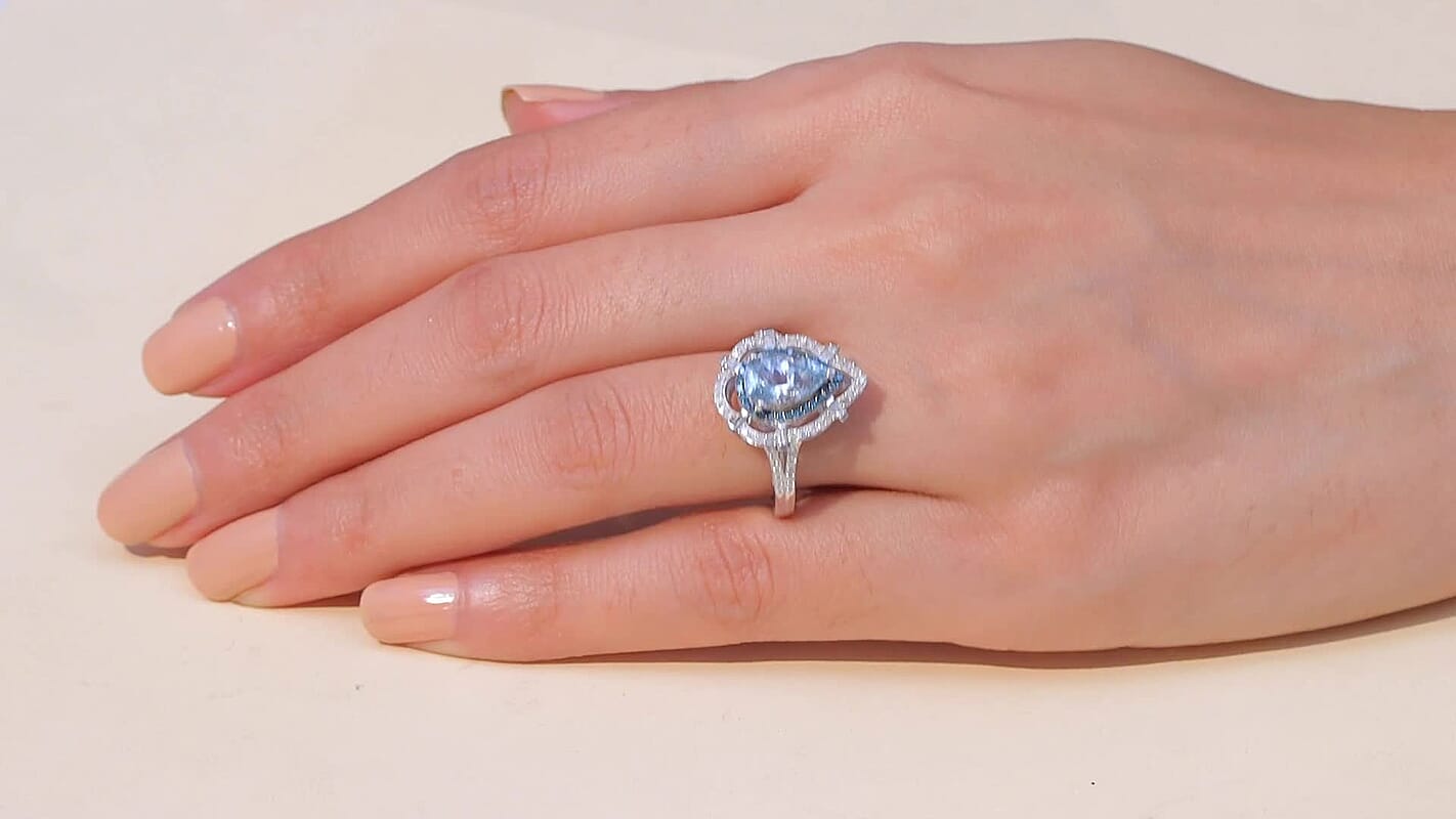 D'Joy Premium Mangoro Aquamarine, Blue Diamond (IR) and Diamond (0.45 cts) Ring in Rhodium Over Sterling Silver (Size 10.0) 2.00 ctw