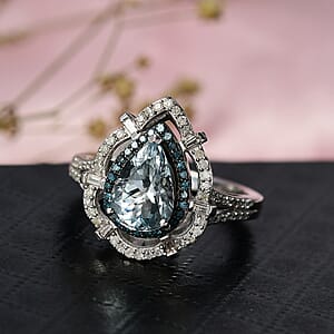 D'Joy Premium Mangoro Aquamarine and Blue and White Diamond 2.00 ctw Radial Architecture Ring in Rhodium Over Sterling Silver (Size 6.0)