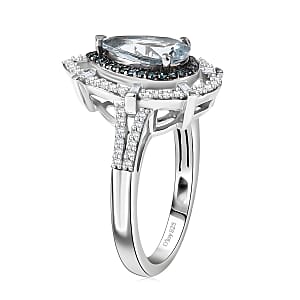 D'Joy Premium Mangoro Aquamarine and Blue and White Diamond 2.00 ctw Radial Architecture Ring in Rhodium Over Sterling Silver (Size 6.0)