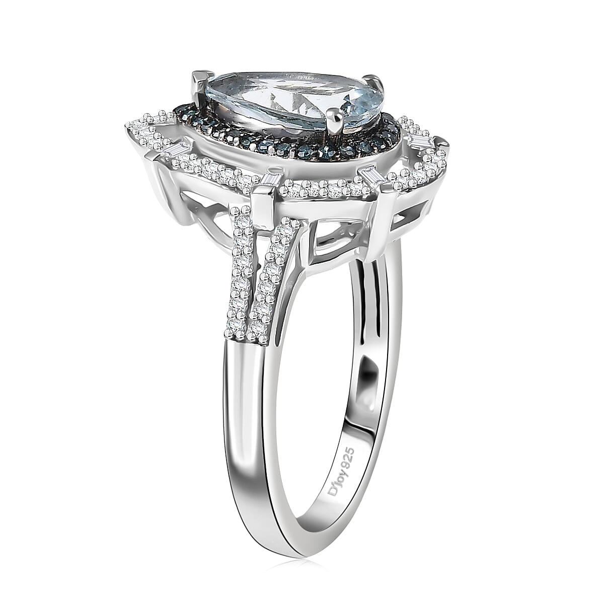 D'Joy Premium Mangoro Aquamarine, Blue Diamond (IR) and Diamond (0.45 cts) Ring in Rhodium Over Sterling Silver (Size 10.0) 2.00 ctw image number 3
