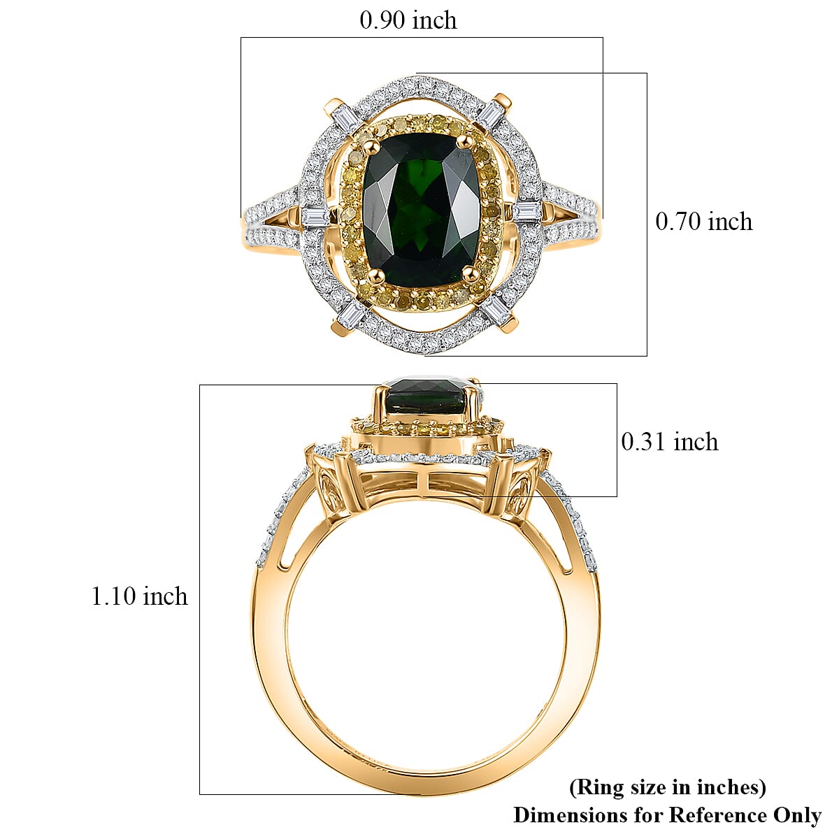 D'Joy Premium Chrome Diopside and Yellow and White Diamond 2.50 ctw Ring in 18K Vermeil Yellow Gold Over Sterling Silver (Size 10.0) image number 5