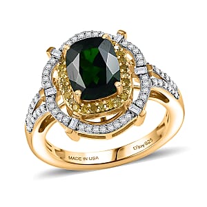 D'Joy Premium Chrome Diopside, Yellow and White Diamond 2.50 ctw Radial Architecture Ring in 18K Vermeil Yellow Gold Over Sterling Silver (Size 7.0)