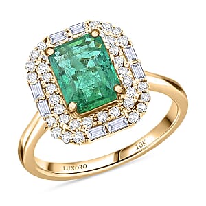 Certified & Appraised Luxoro 10K Yellow Gold AAA Kagem Zambian Emerald, Diamond (I2) (0.44 cts) Ring (Size 5.0) 2.20 ctw