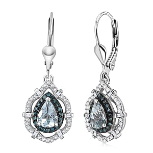 D'Joy Premium Mangoro Aquamarine, Blue Diamond (IR) and Diamond (0.54 cts) Earrings in Rhodium Over Sterling Silver 1.65 ctw