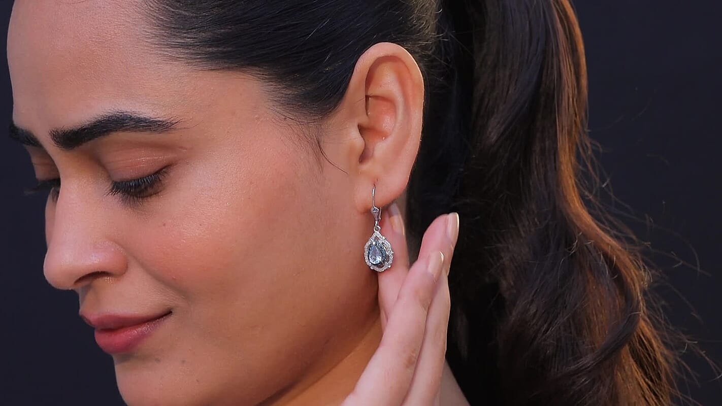D'Joy Premium Mangoro Aquamarine, Blue Diamond (IR) and Diamond (0.54 cts) Earrings in Rhodium Over Sterling Silver 1.65 ctw