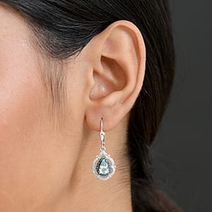 D'Joy Premium Mangoro Aquamarine, Blue Diamond and Diamond 1.65 ctw Earrings in Rhodium Over Sterling Silver