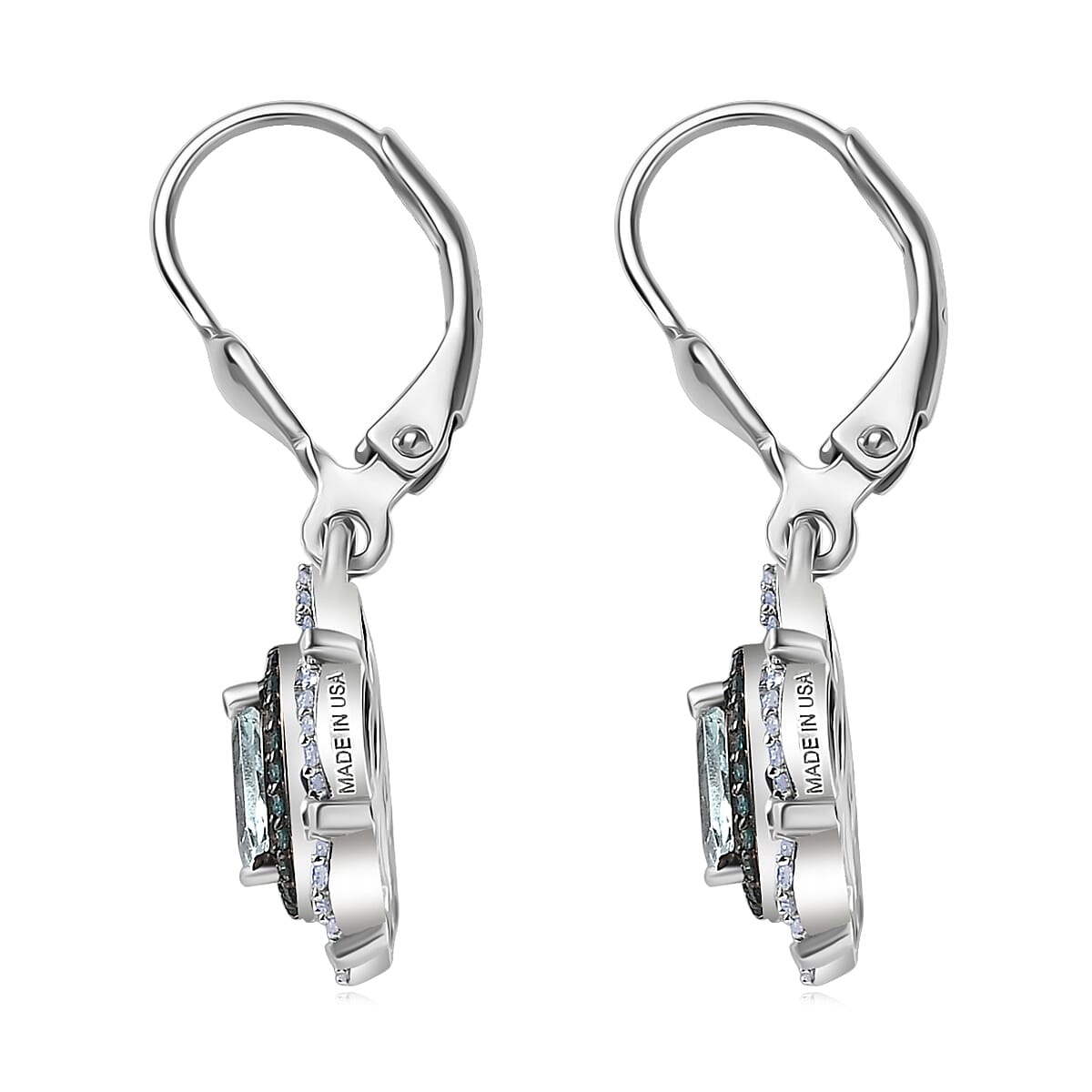 D'Joy Premium Mangoro Aquamarine, Blue Diamond (IR) and Diamond (0.54 cts) Earrings in Rhodium Over Sterling Silver 1.65 ctw image number 3