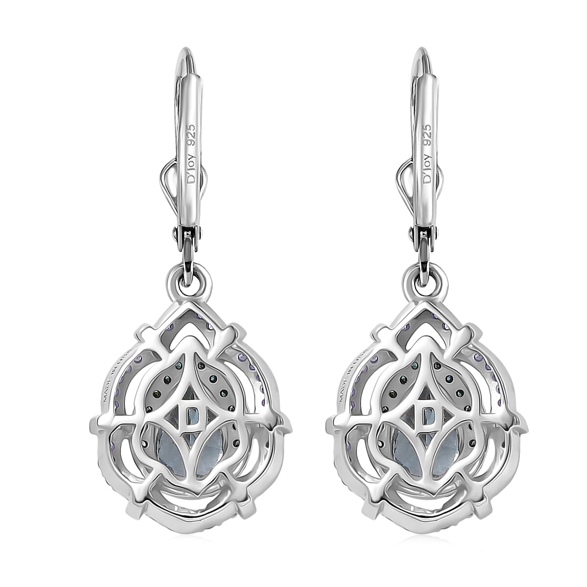 D'Joy Premium Mangoro Aquamarine, Blue and White Diamond 1.65 ctw Radial Architecture Earrings in Rhodium Over Sterling Silver