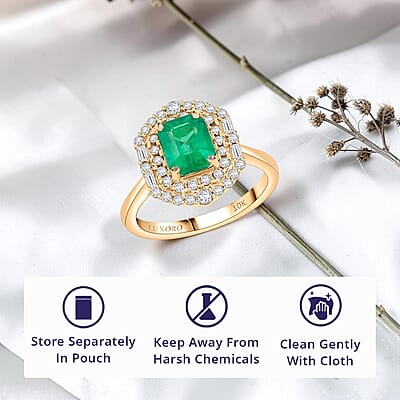Certified & Appraised Luxoro AAA Kagem Zambian Emerald and I2 Diamond 1.65 ctw Ring in 10K Yellow Gold (Size 10.0)
