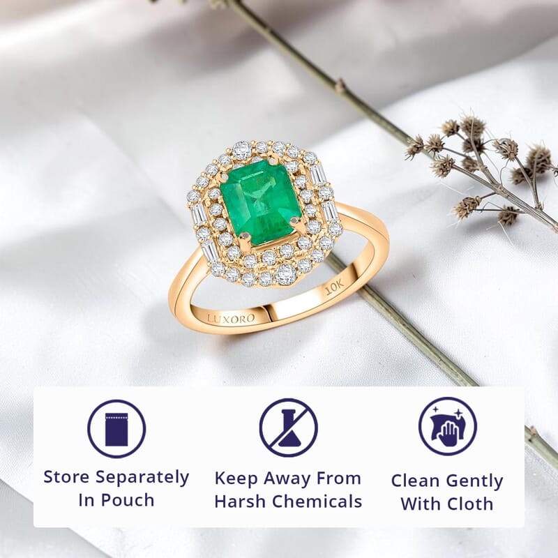 Certified & Appraised Luxoro AAA Kagem Zambian Emerald and I2 Diamond 1.65 ctw Ring in 10K Yellow Gold (Size 10.0)