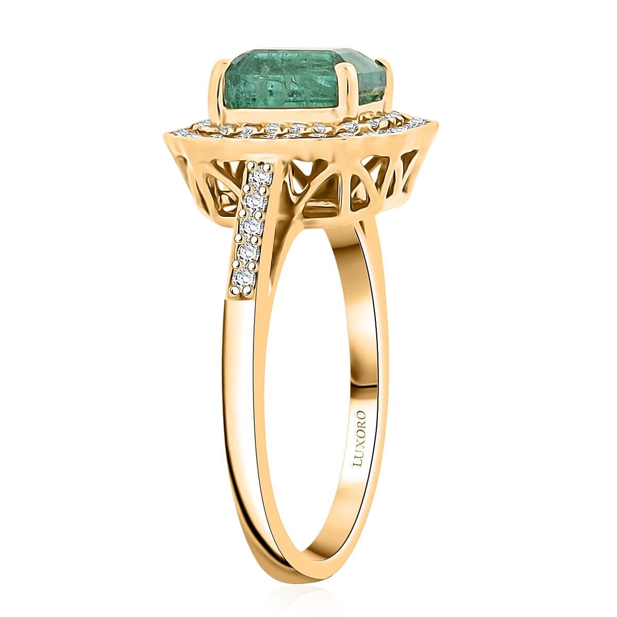 Certified & Appraised Luxoro AAA Kagem Zambian Emerald and I2 Diamond 2.02 ctw Ring in 10K Yellow Gold (Size 10.0) image number 3