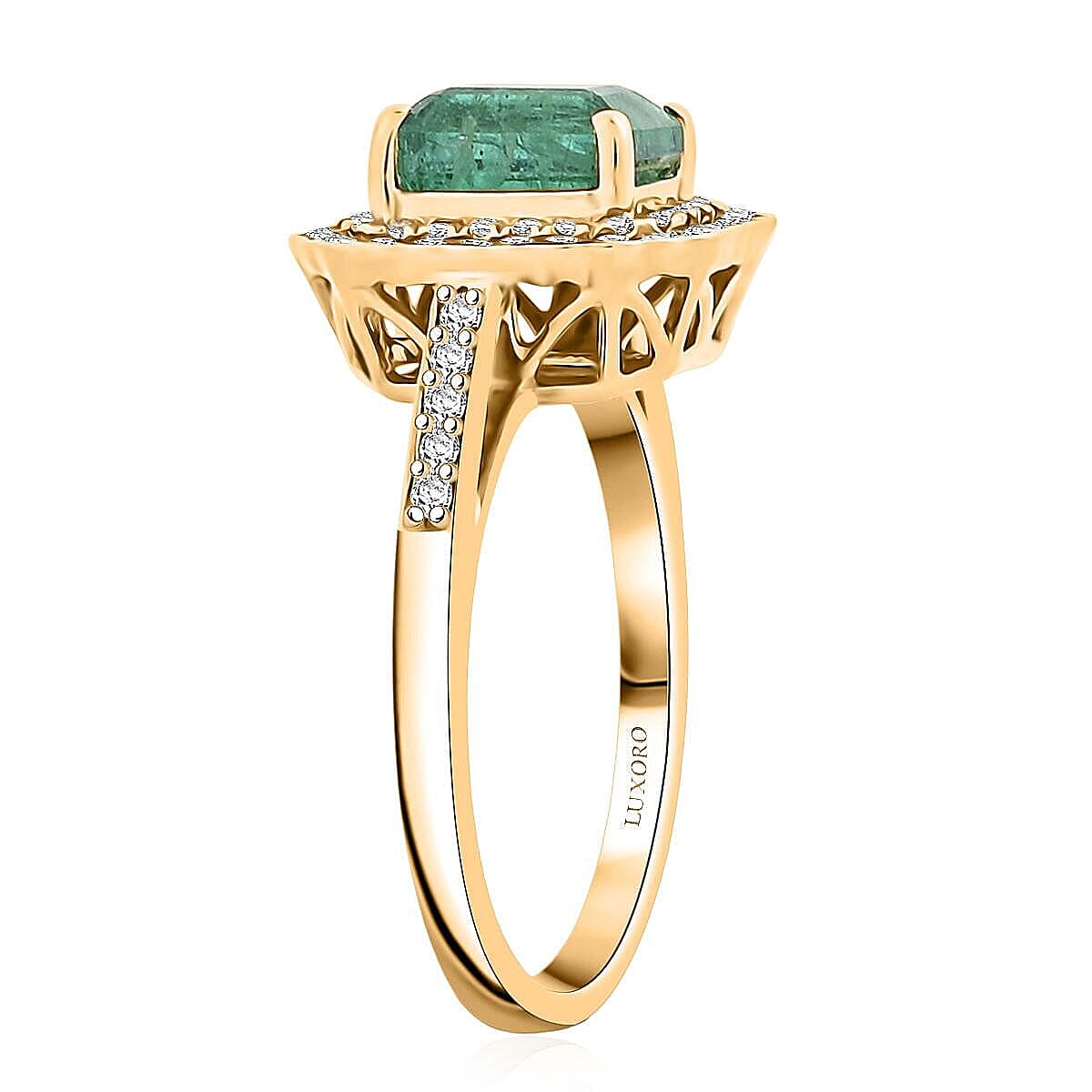 Certified & Appraised Luxoro 10K Yellow Gold AAA Kagem Zambian Emerald, Diamond (I2) (0.17 cts) Ring (Size 7.5) 2.02 ctw image number 3
