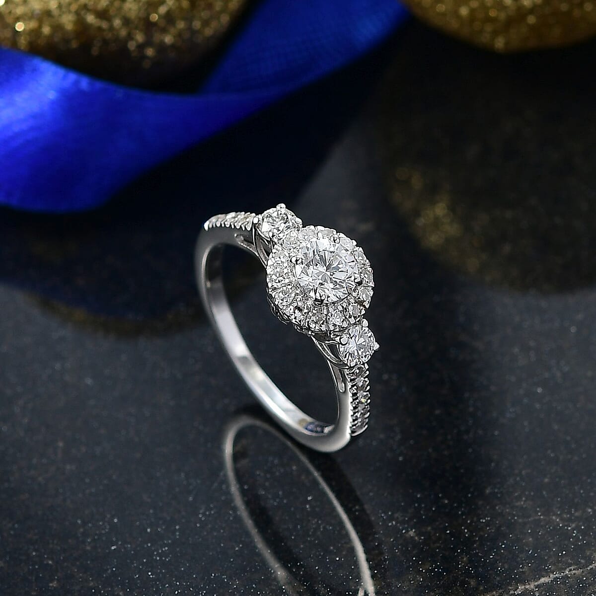 Luxuriant Lab Grown Diamond G-H SI 1.10 ctw Classic Halo Ring in Rhodium Over Sterling Silver (Size 10.0) image number 1