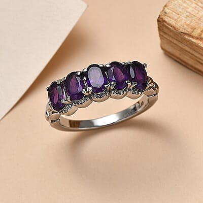 EverTrue African Amethyst 2.15 ctw 5 Stone Ring in Stainless Steel (Size 7.0)