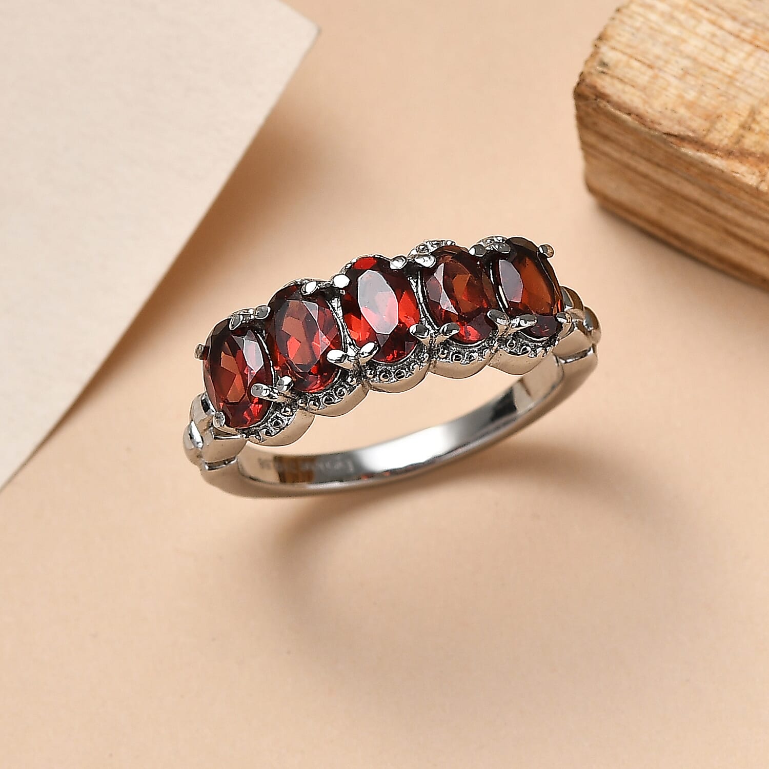 EverTrue Mozambique Garnet 2.80 ctw 5 Stone Ring in Stainless Steel (Size 6.0)