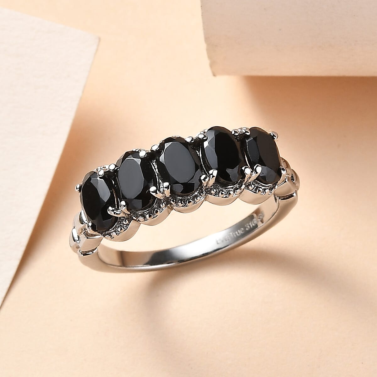 EverTrue Thai Black Spinel 3.00 ctw 5 Stone Ring in Stainless Steel (Size 5.0) image number 1