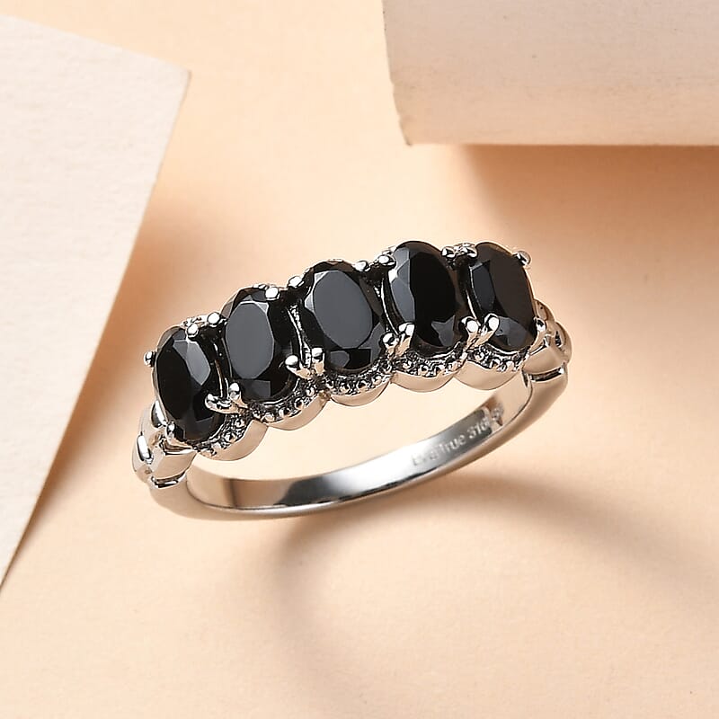 EverTrue Thai Black Spinel 3.00 ctw 5 Stone Ring in Stainless Steel (Size 5.0)