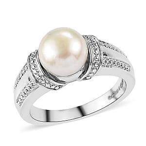 EverTrue Freshwater Pearl Solitaire Ring in Stainless Steel (Size 10.0)