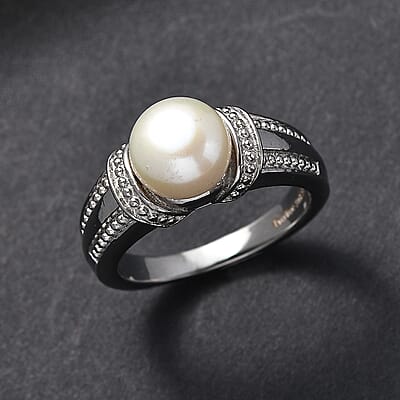 EverTrue Freshwater Pearl Solitaire Ring in Stainless Steel (Size 5.0)