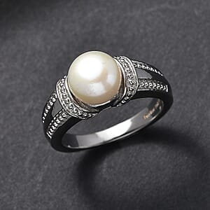 EverTrue Freshwater Pearl Solitaire Ring in Stainless Steel (Size 7.0)