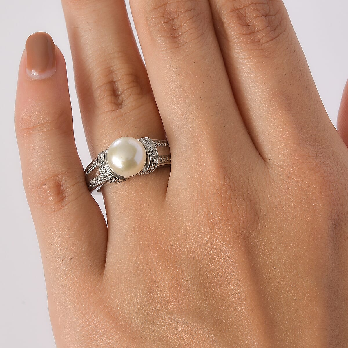 EverTrue Freshwater Pearl Solitaire Ring in Stainless Steel (Size 8.0) image number 2