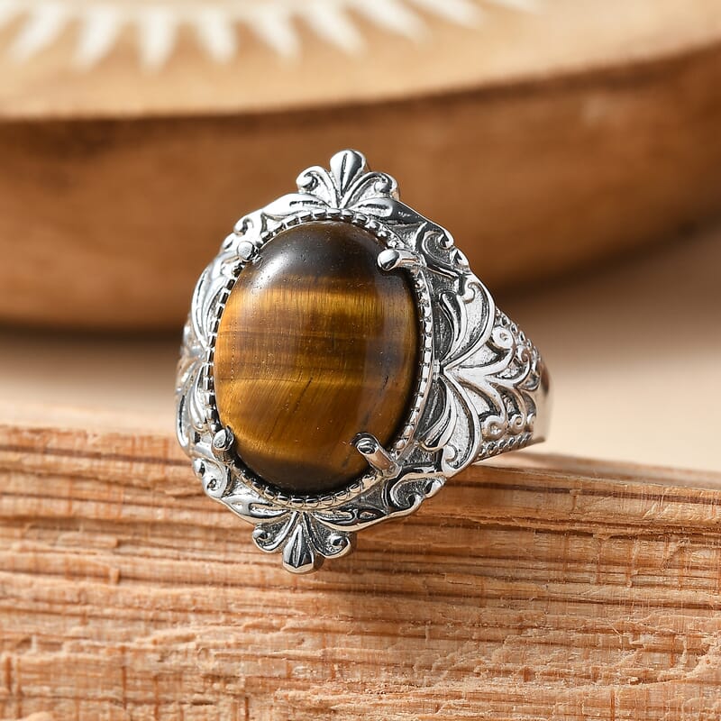 EverTrue Tigers Eye 10.00 ctw Ring in Stainless Steel (Size 6.0)