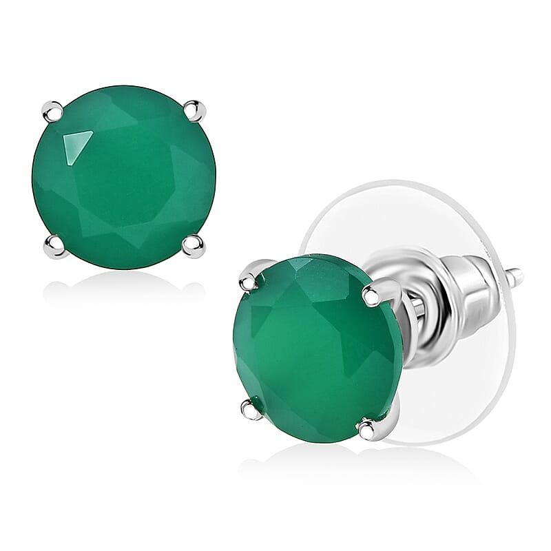 D'Joy Verde Onyx 3.60 ctw Solitaire Stud Earrings in Rhodium Over Sterling Silver
