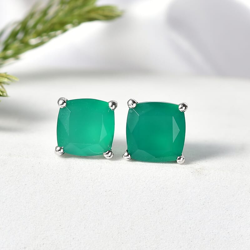D'Joy Verde Onyx 4.10 ctw Solitaire Stud Earrings in Rhodium Over Sterling Silver