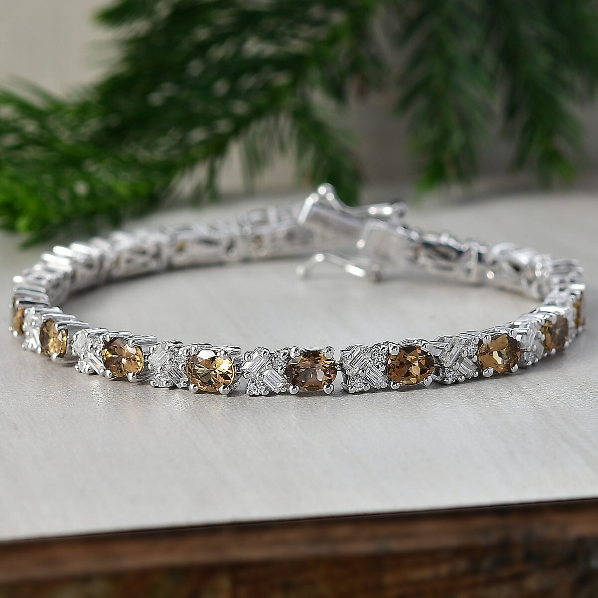 D'Joy Golden Turkizite and Moissanite 8.30 ctw Bracelet in Rhodium Over Sterling Silver (6.50 In) image number 1