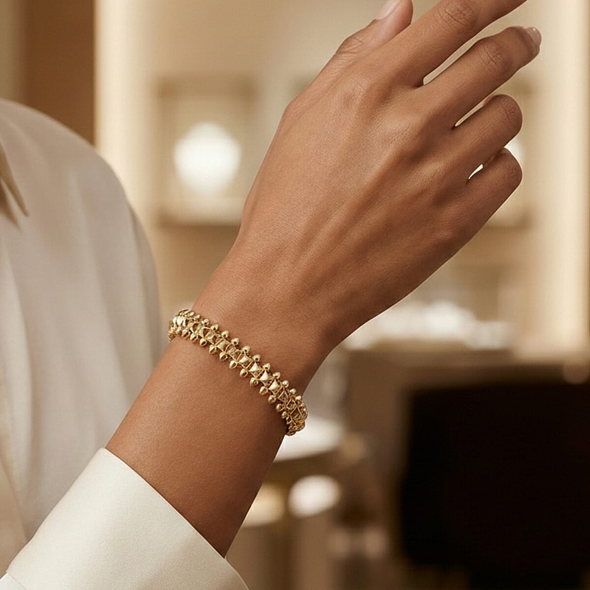 Spherical Beaded Bangle Bracelet in Goldtone (7.50 In) image number 2