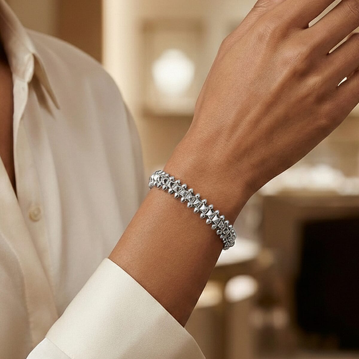 Spherical Beaded Bangle Bracelet in Silvertone (7.50 In) image number 2