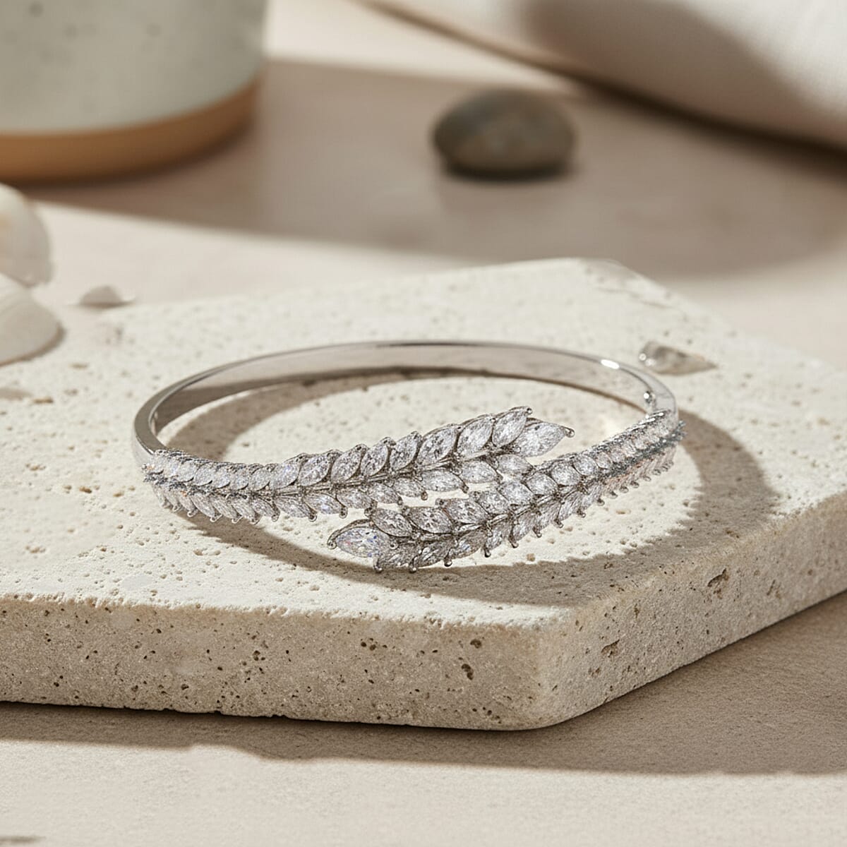 Simulated Diamond Bangle Bracelet in Silvertone (7.50 In) image number 1