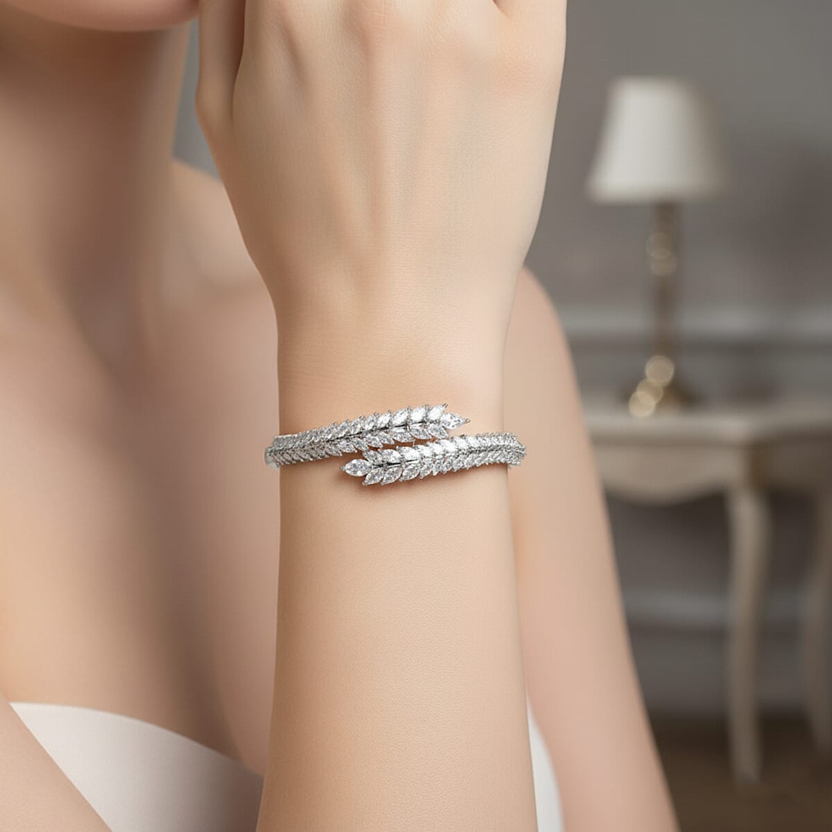 Simulated Diamond Bangle Bracelet in Silvertone (7.50 In) image number 2