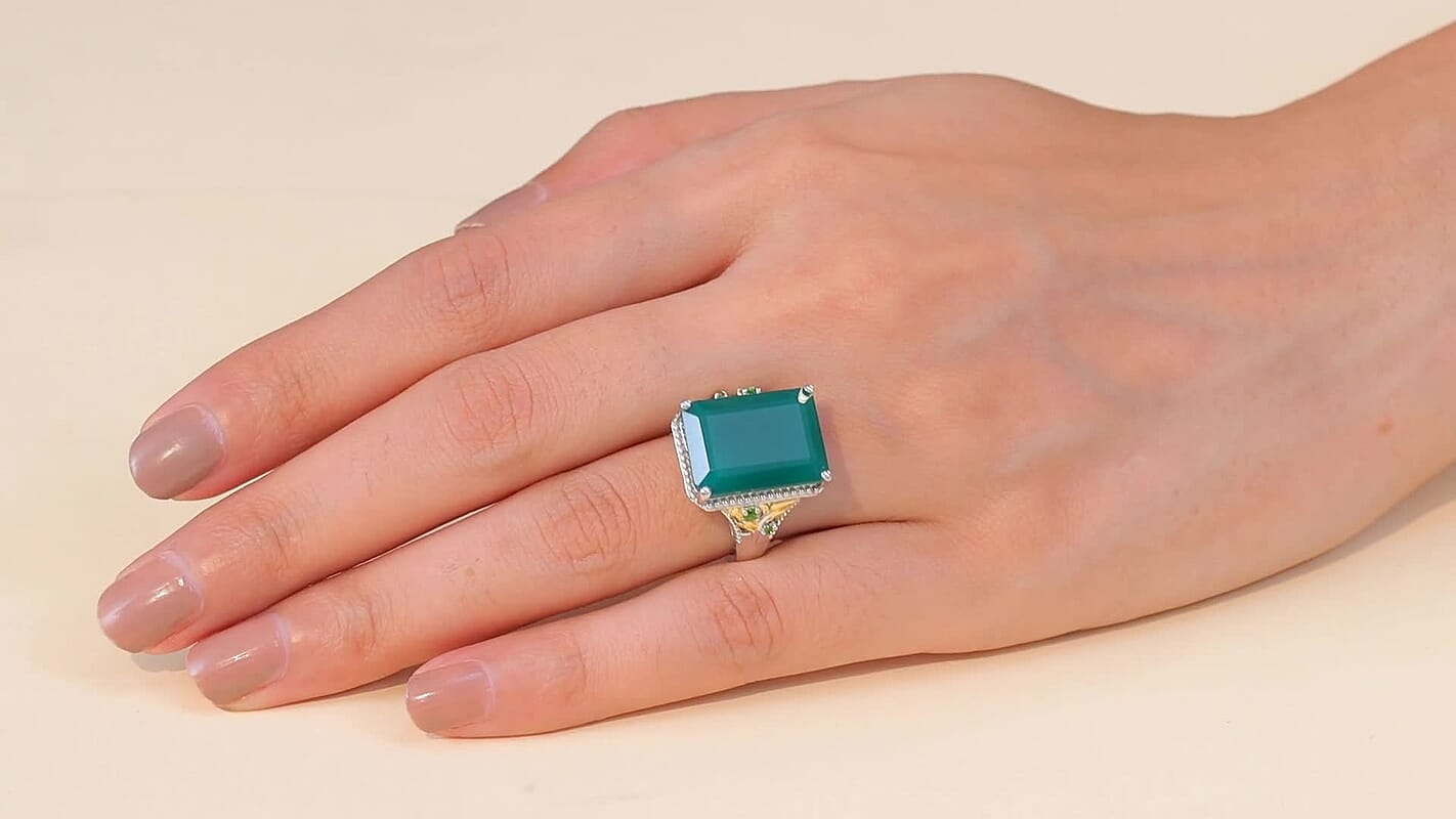 EverTrue Verde Onyx, Chrome Diopside Ring in 18K YG Plated and Platinum Bond (Size 10.0) 13.35 ctw