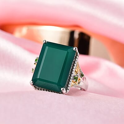 EverTrue Verde Onyx, Chrome Diopside Ring in 18K YG Plated and Platinum Bond 13.35 ctw (Size 10.0)