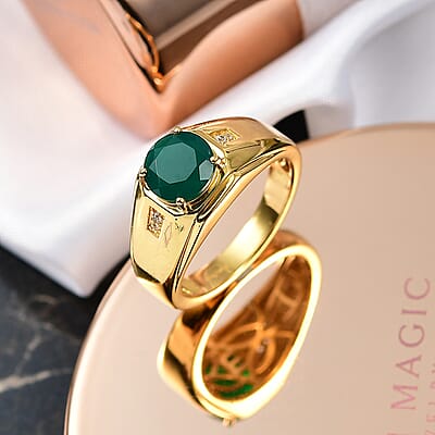 EverTrue Verde Onyx, White Zircon Men's Ring in 18K YG Plated 1.80 ctw (Size 10.0)