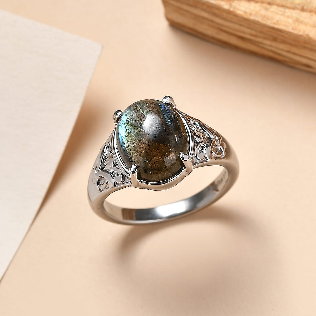 EverTrue Malagasy Labradorite 5.50 ctw Solitaire Ring in Stainless Steel (Size 6.0) image number 1