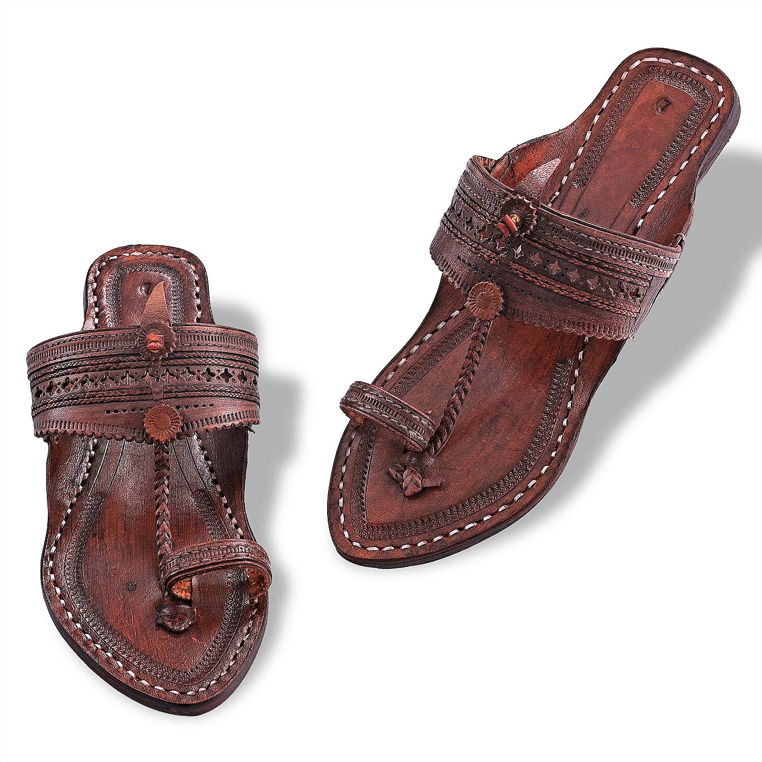 La Marey Cognac Women's Kolhapur Leather Slippers (Size 7.0)